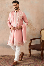 Peach Silk Blend Solid Embroidered Kurta With Dupatta MKUD1041
