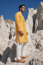Yellow Silk Blend Printed Straight Kurta With Trousers MKSET2167