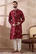 Red Silk Blend Printed Mandarin Collar Straight Kurta With Trouser MKSET1988
