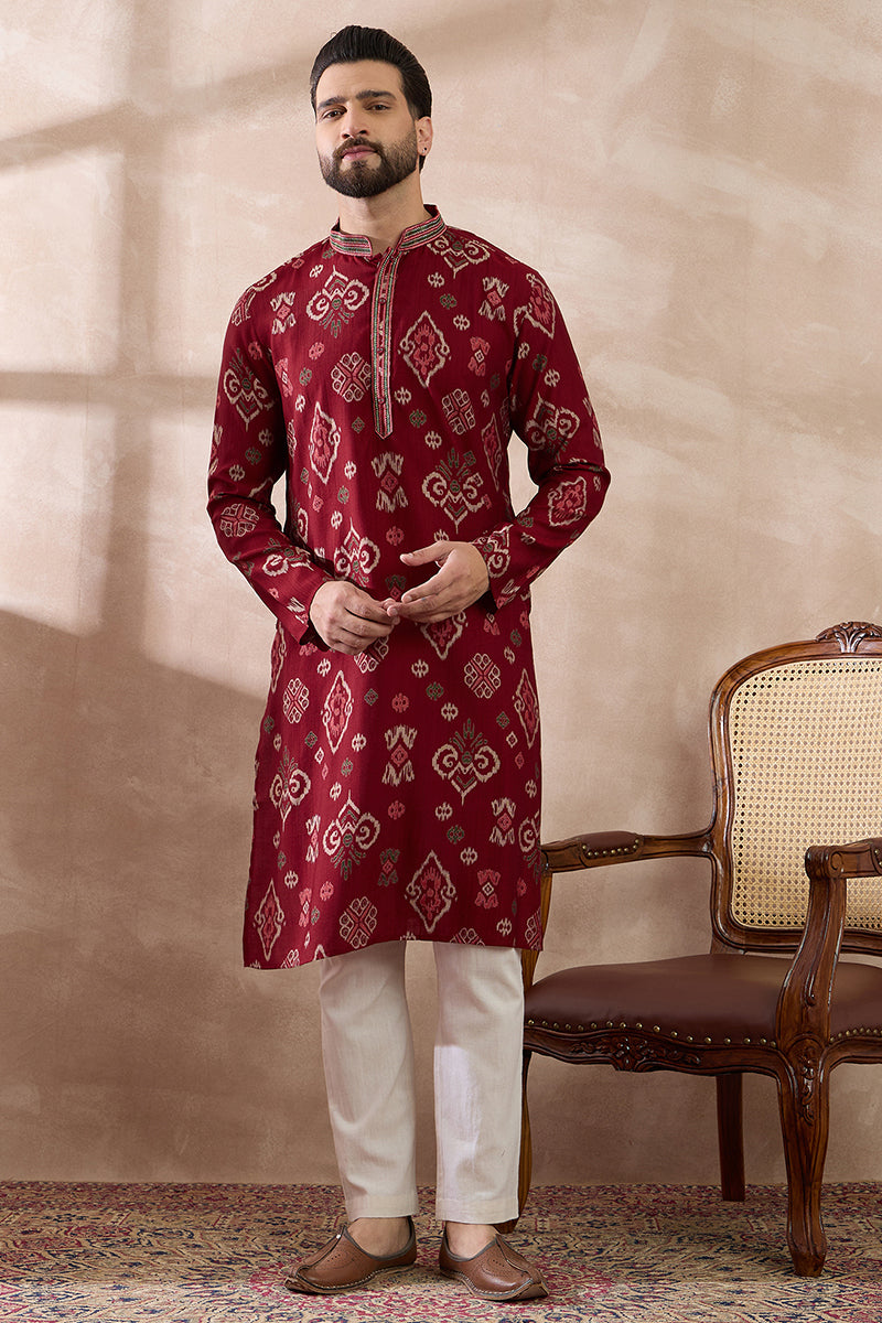Red Silk Blend Printed Mandarin Collar Straight Kurta With Trouser MKSET1988