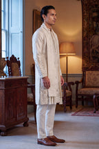 White Silk Blend Floral Embroidered Straight Kurta with Dupatta MKUD1784