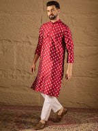 Men Maroon Silk Ikat Printed Straight Kurta With Pant Set-MKSET1281