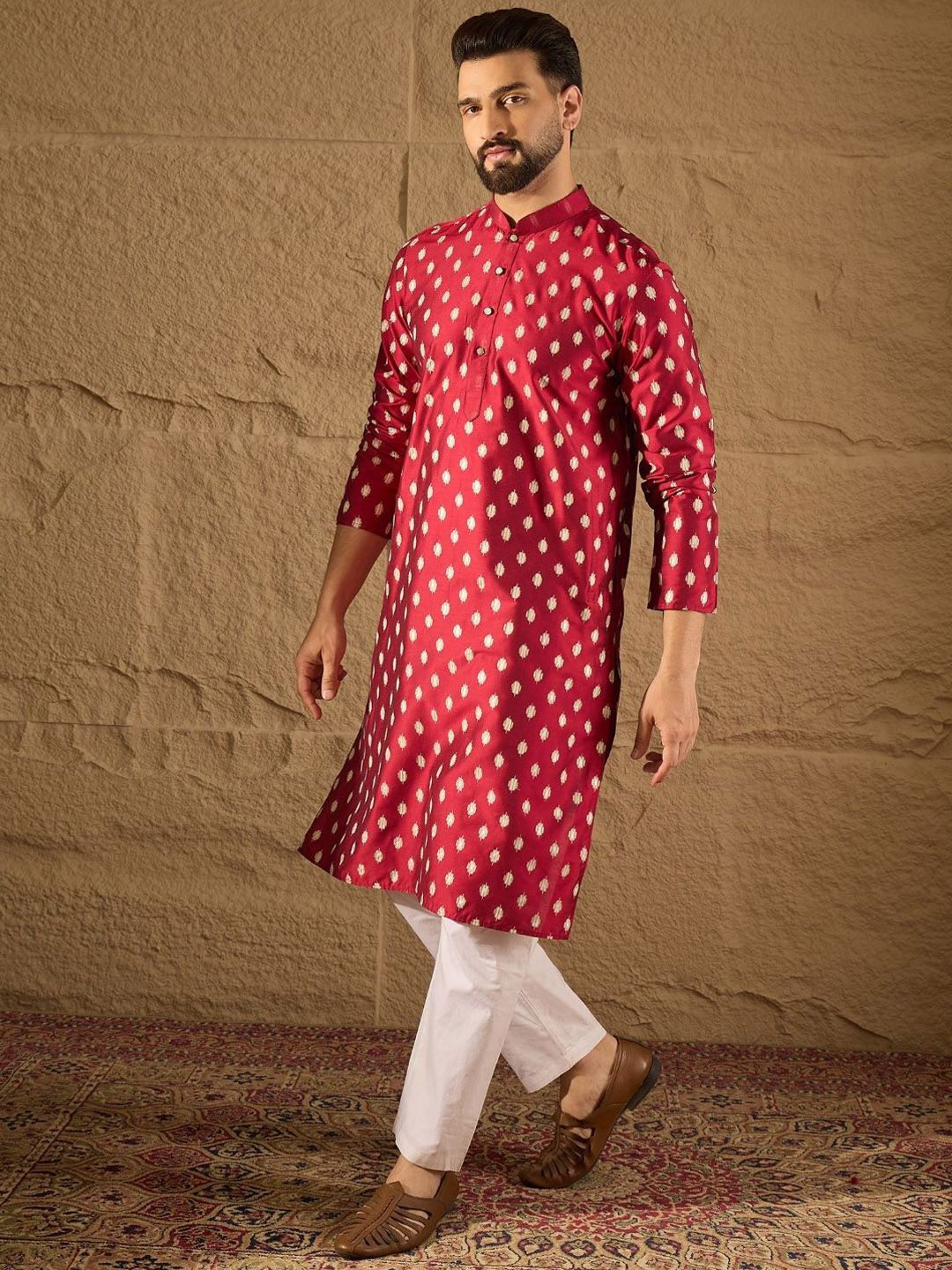 Men Maroon Silk Ikat Printed Straight Kurta With Pant Set-MKSET1281