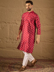 Men Maroon Silk Ikat Printed Straight Kurta With Pant Set-MKSET1281