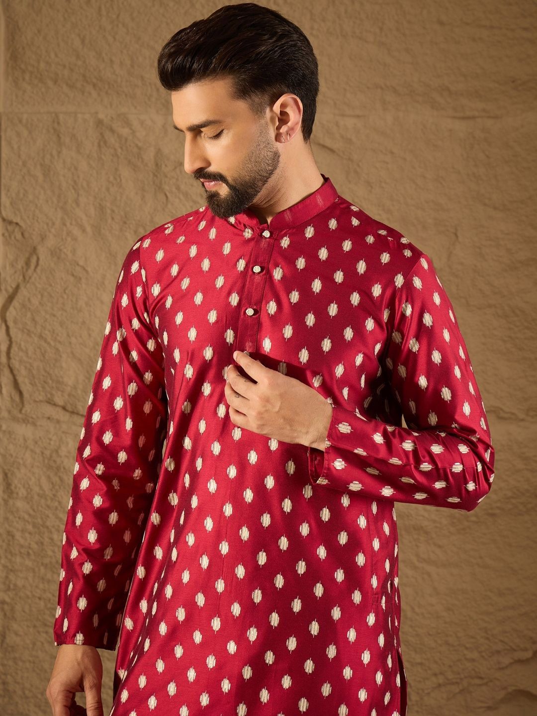 Men Maroon Silk Ikat Printed Straight Kurta With Pant Set-MKSET1281