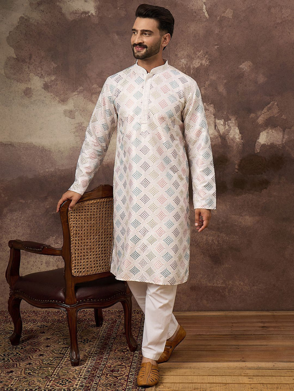 Men White Silk Blend Solid Embroidered Straight Kurta With Pant Set-MKSET1382