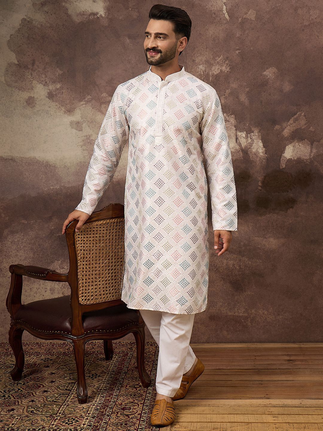 Men White Silk Blend Solid Embroidered Straight Kurta With Pant Set-MKSET1382