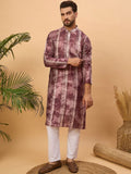 Men Burgundy Silk Blend Shibori Embroidered Straight Kurta With Pant Set-MKSET1537