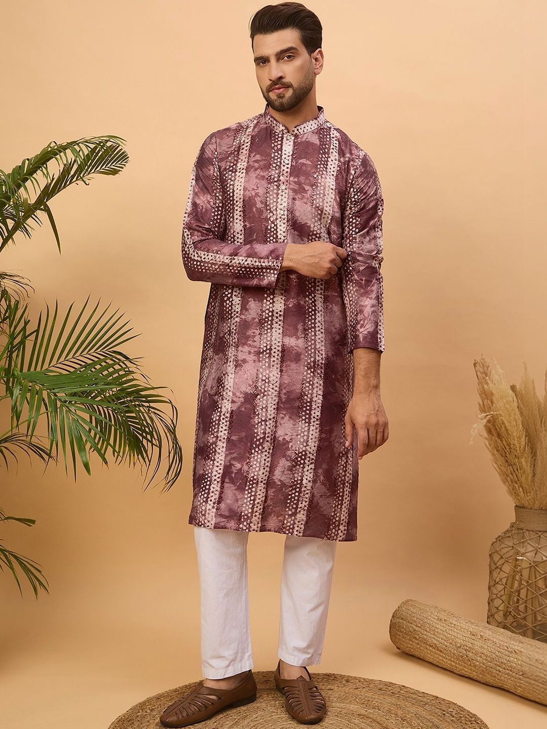 Men Burgundy Silk Blend Shibori Embroidered Straight Kurta With Pant Set-MKSET1537