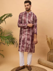 Men Burgundy Silk Blend Shibori Embroidered Straight Kurta With Pant Set-MKSET1537
