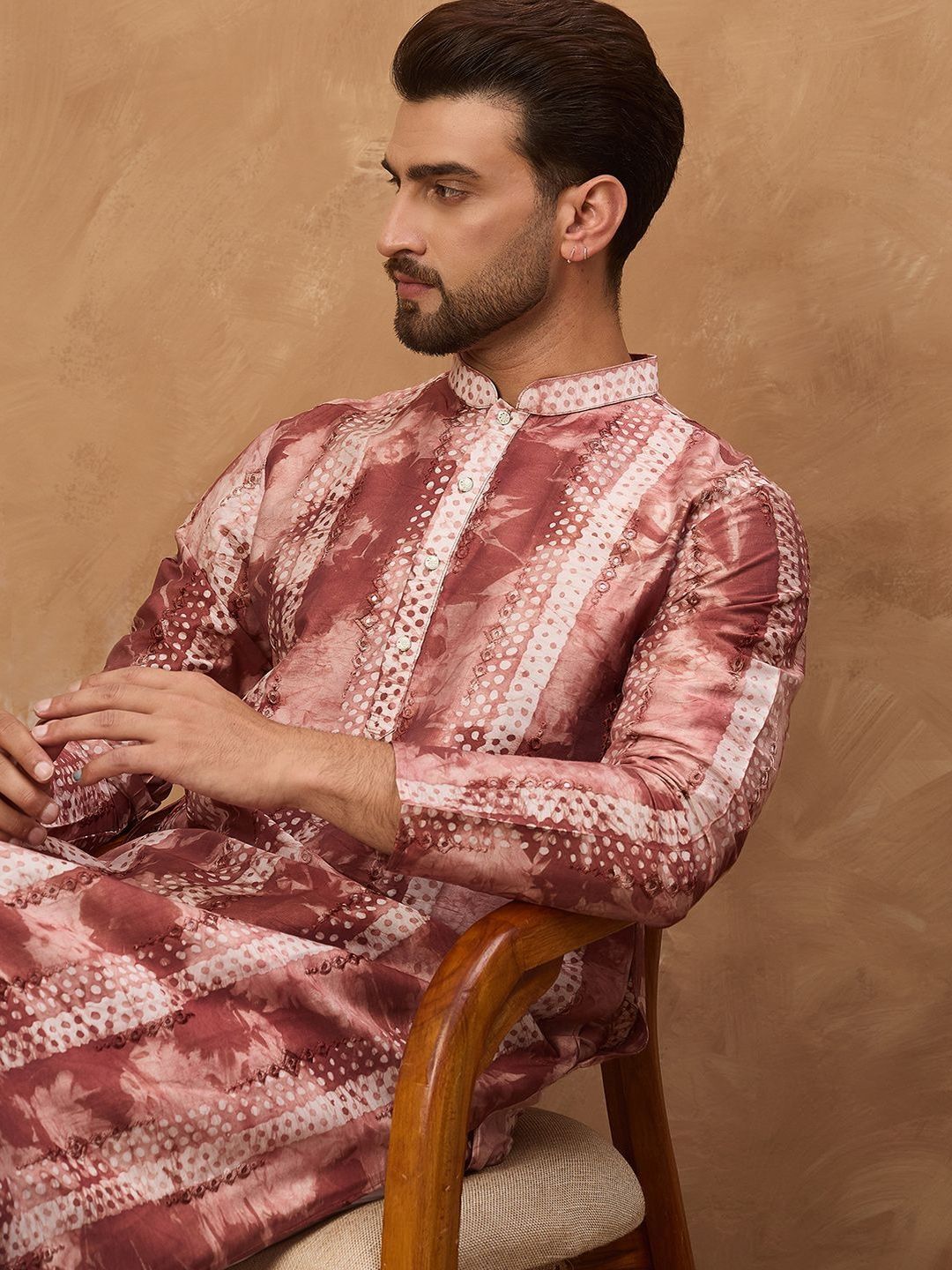 Men Brown Silk Blend Shibori Embroidered Straight Kurta With Pant Set-MKSET1539