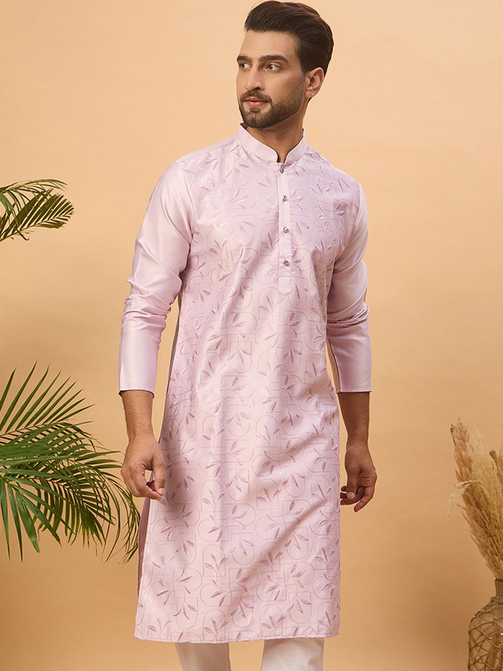 Men Lavender Silk Blend Solid Embroidered Straight Kurta With Pant Set-MKSET1447