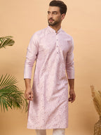 Men Lavender Silk Blend Solid Embroidered Straight Kurta With Pant Set-MKSET1447