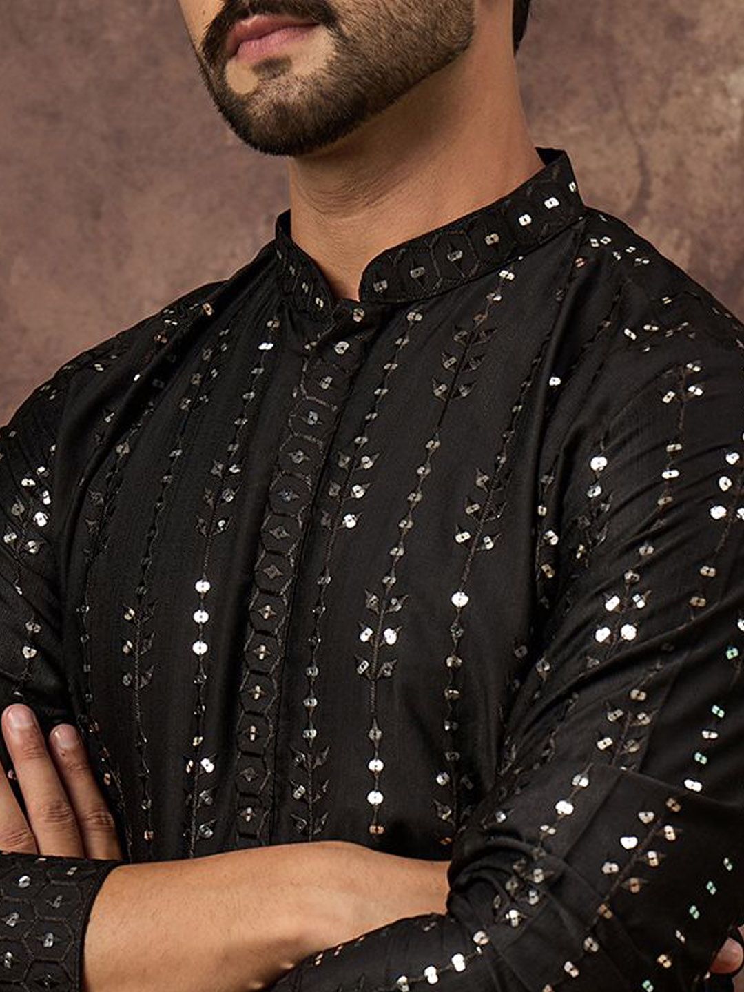 Men Black Silk Blend Solid Embroidered Straight Kurta With Pant Set-MKSET1360