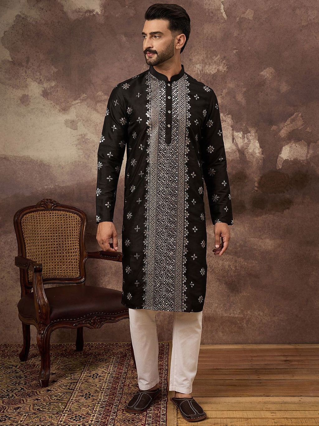 Men Black Silk Blend Solid Embroidered Straight Kurta With Pant Set-MKSET1370