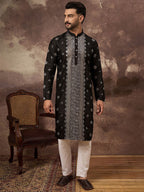 Men Black Silk Blend Solid Embroidered Straight Kurta With Pant Set-MKSET1370