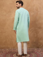Men Blue Silk Blend Solid Embroidered Straight Kurta With Pant Set-MKSET1511