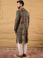 Mens Multi Viscose Rayon Geometric Embroidered Chikankari Straight Kurta With Pant Set-MKSET1180
