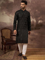 Men Black Silk Blend Solid Embroidered Straight Kurta With Pant Set-MKSET1360