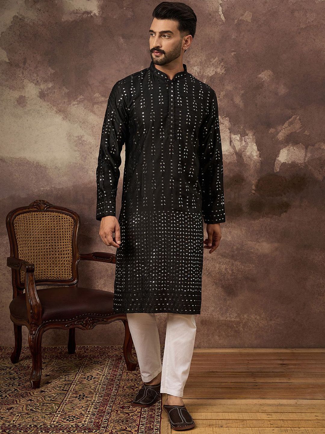 Men Black Silk Blend Solid Embroidered Straight Kurta With Pant Set-MKSET1360