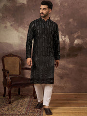 Men Black Silk Blend Solid Embroidered Straight Kurta With Pant Set-MKSET1360