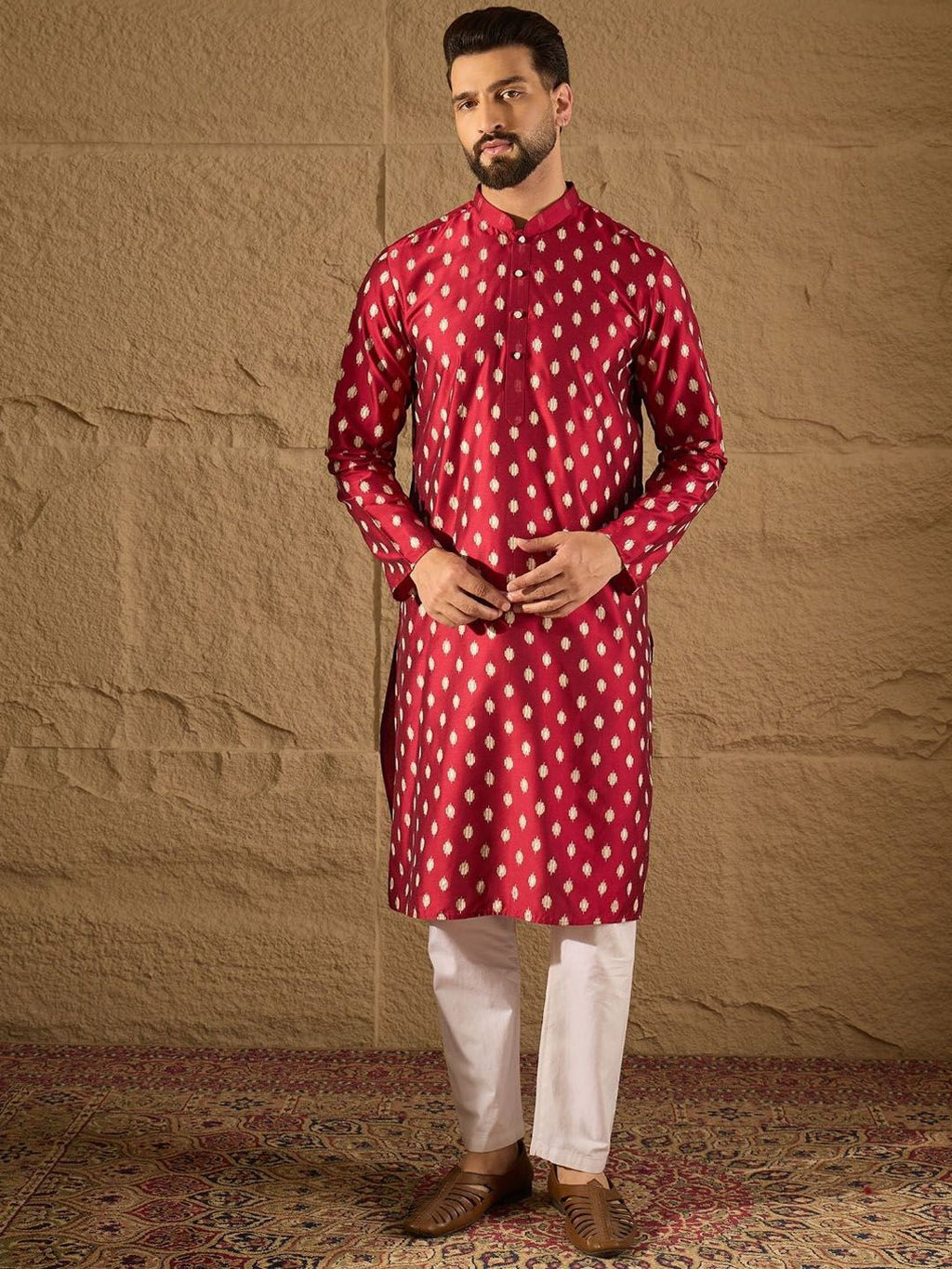 Men Maroon Silk Ikat Printed Straight Kurta With Pant Set-MKSET1281