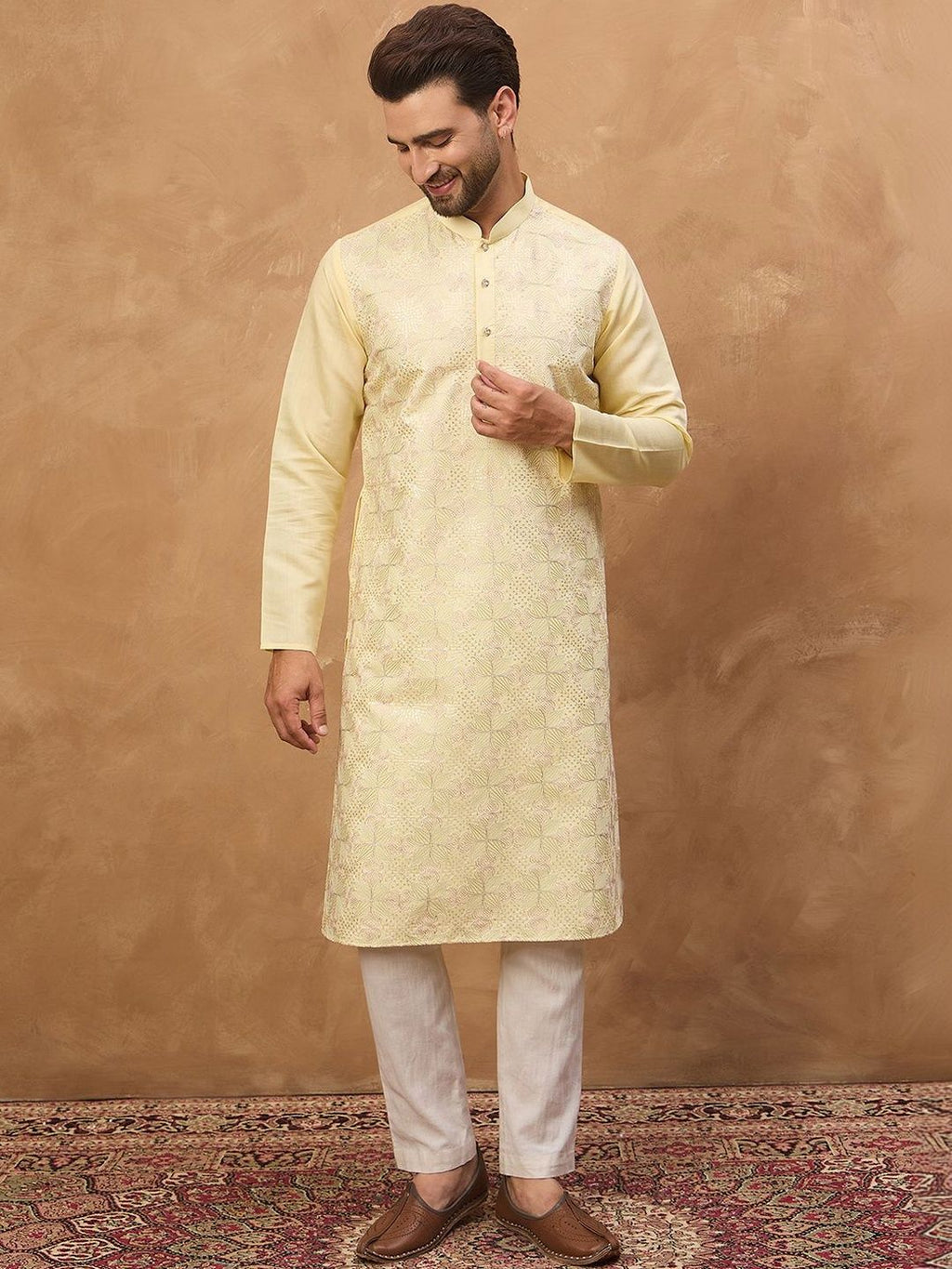 Men Yellow Silk Blend Solid Embroidered Straight Kurta With Pant Set-MKSET1467