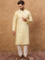 Men Yellow Silk Blend Solid Embroidered Straight Kurta With Pant Set-MKSET1467