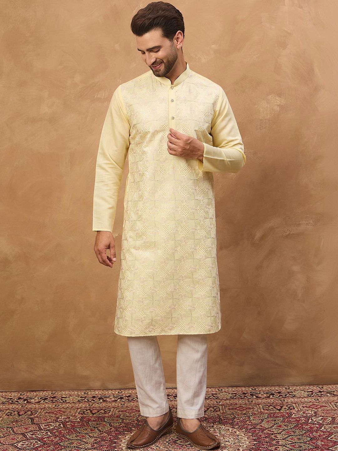 Men Yellow Silk Blend Solid Embroidered Straight Kurta With Pant Set-MKSET1467