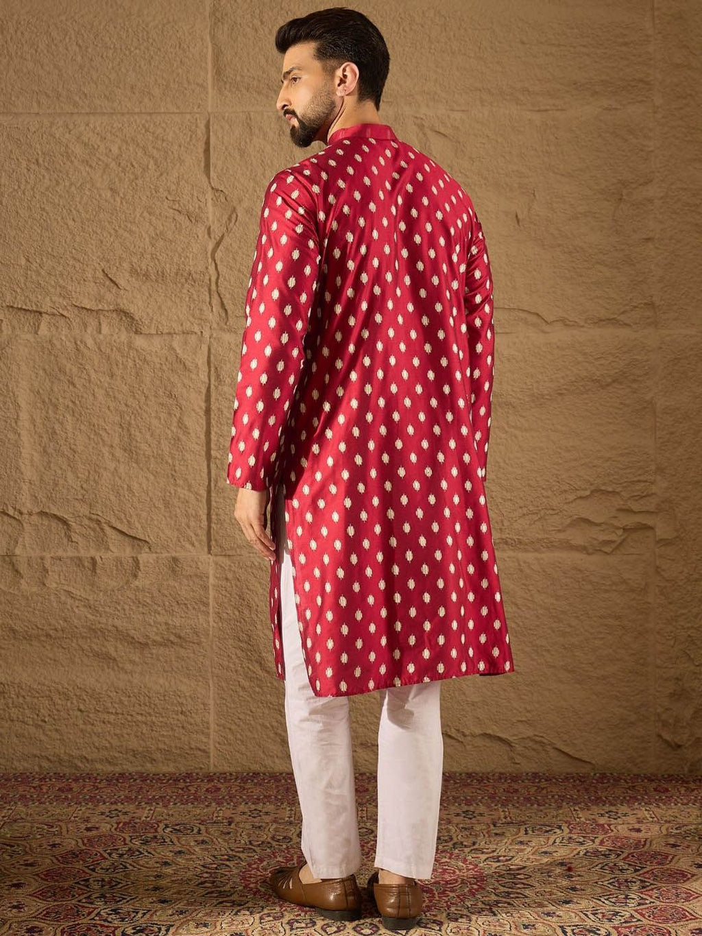 Men Maroon Silk Ikat Printed Straight Kurta With Pant Set-MKSET1281