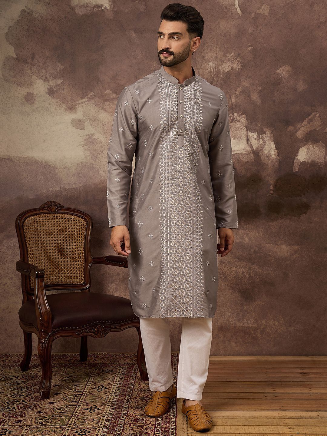 Men Grey Silk Blend Solid Embroidered Straight Kurta With Pant Set-MKSET1420