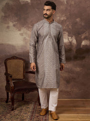 Men Grey Silk Blend Solid Embroidered Straight Kurta With Pant Set-MKSET1420