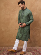 Men Green Silk Blend Geometric Embroidered Straight Kurta With Pant Set-MKSET1517