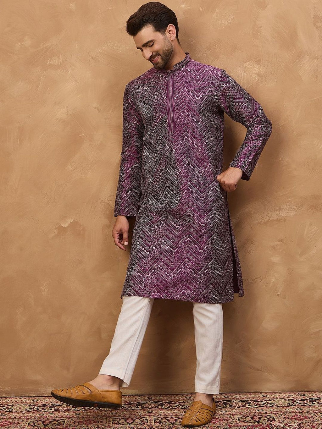 Men Purple Silk Blend Geometric Printed Straight Kurta With Pant Set-MKSET1521