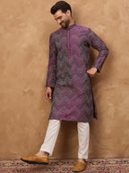 Men Purple Silk Blend Geometric Printed Straight Kurta With Pant Set-MKSET1521