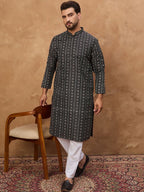 Men Black Silk Blend Geometric Printed Straight Kurta With Pant Set-MKSET1523