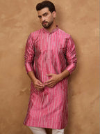 Men Pink Silk Blend Geometric Printed Straight Kurta With Pant Set-MKSET1533