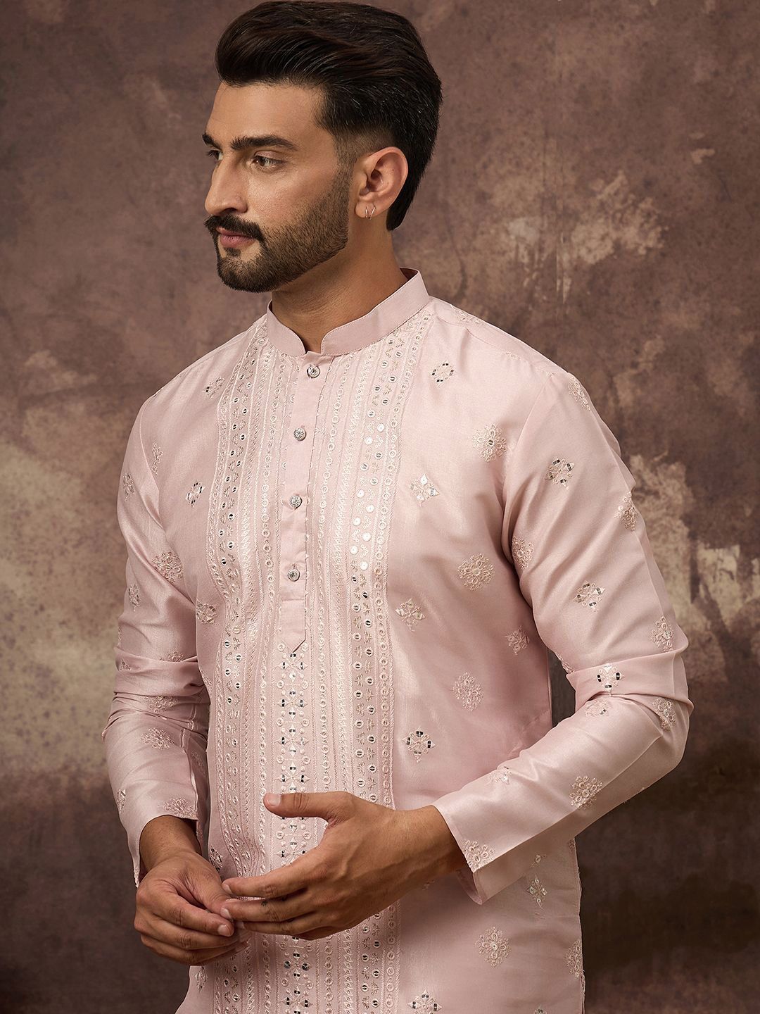 Men Pink Silk Blend Solid Embroidered Straight Kurta With Pant Set-MKSET1362