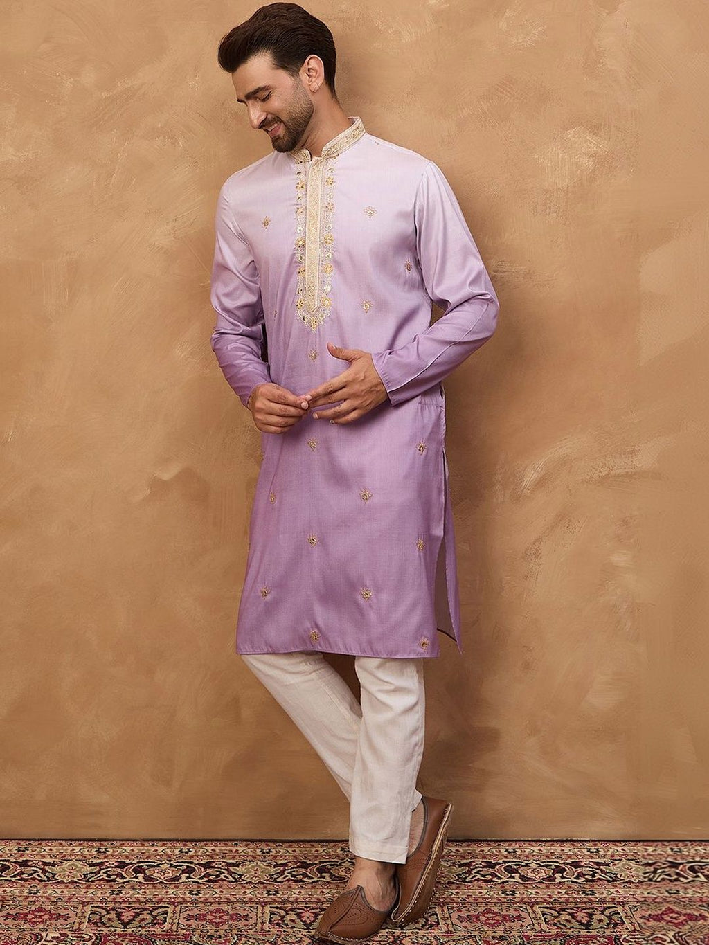 Men Purple Silk Blend Solid Embroidered Straight Kurta With Pant Set-MKSET1487