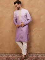 Men Purple Silk Blend Solid Embroidered Straight Kurta With Pant Set-MKSET1487