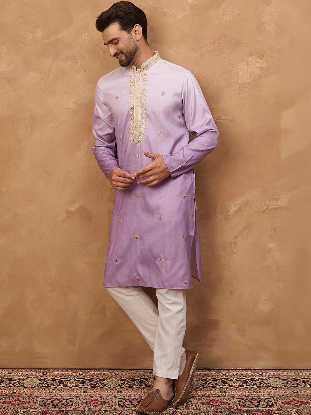 Men Purple Silk Blend Solid Embroidered Straight Kurta With Pant Set-MKSET1487