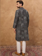 Men Black Silk Blend Geometric Printed Straight Kurta With Pant Set-MKSET1528
