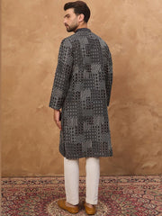 Men Black Silk Blend Geometric Printed Straight Kurta With Pant Set-MKSET1528