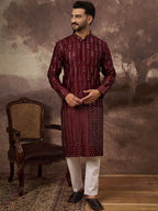 Men Maroon Silk Blend Solid Embroidered Straight Kurta With Pant Set-MKSET1361