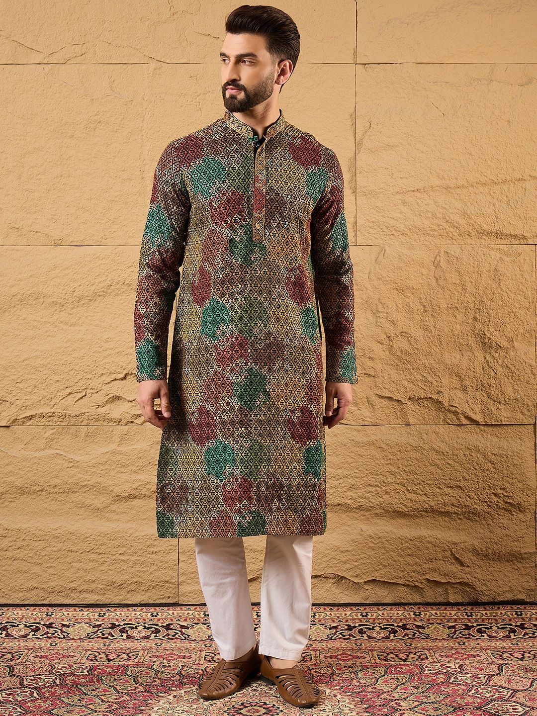 Mens Multi Viscose Rayon Geometric Embroidered Chikankari Straight Kurta With Pant Set-MKSET1180