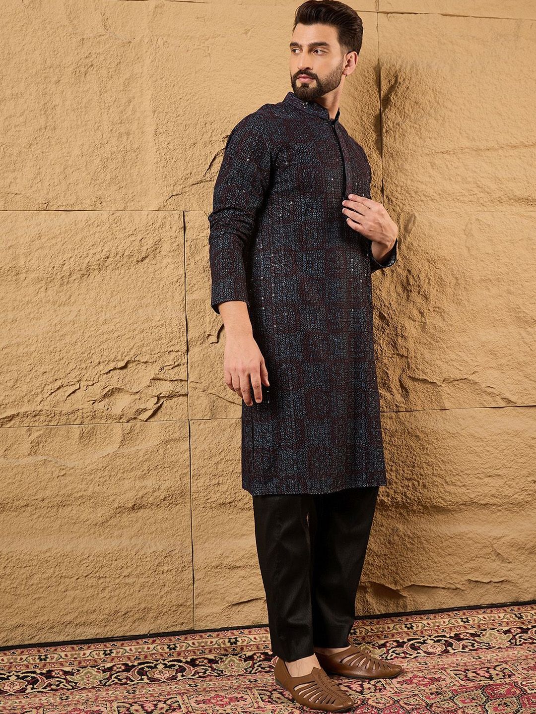Mens Black Viscose Rayon Geometric Embroidered Chikankari Straight Kurta With Pant Set-MKSET1166