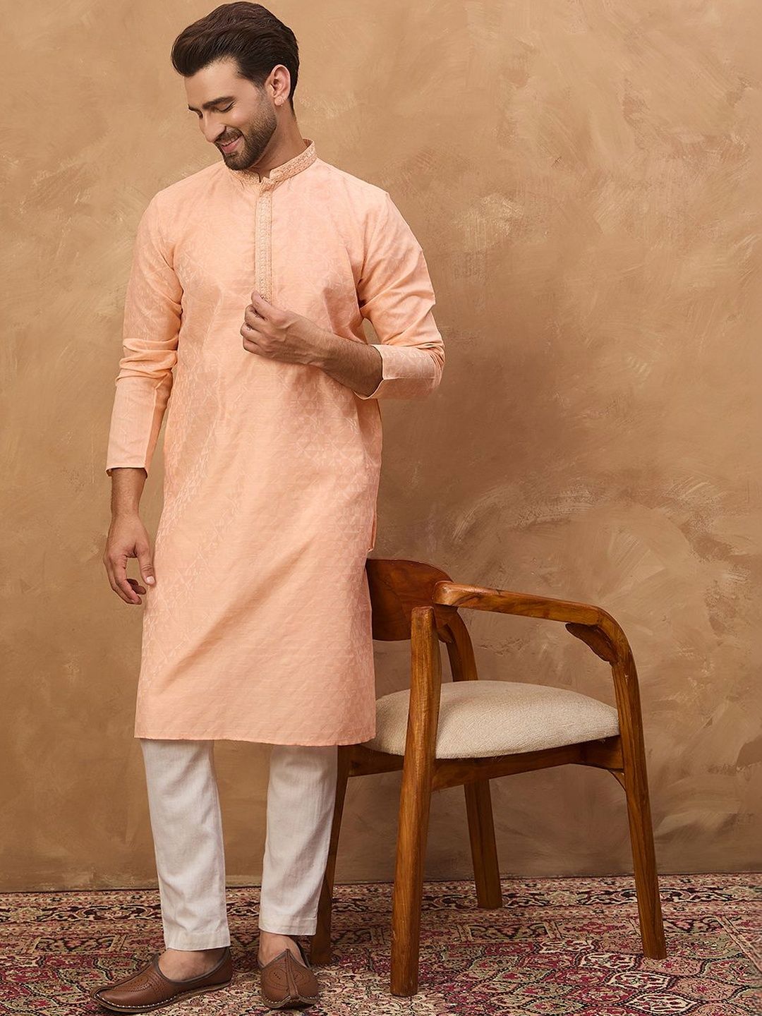 Men Peach Silk Blend Solid Embroidered Straight Kurta With Pant Set-MKSET1453