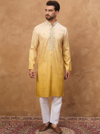 Men Yellow Silk Blend Solid Embroidered Straight Kurta With Pant Set-MKSET1486