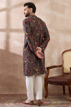 Black Silk Blend Embroidered Mandarin Collar Straight Kurta MKU2096