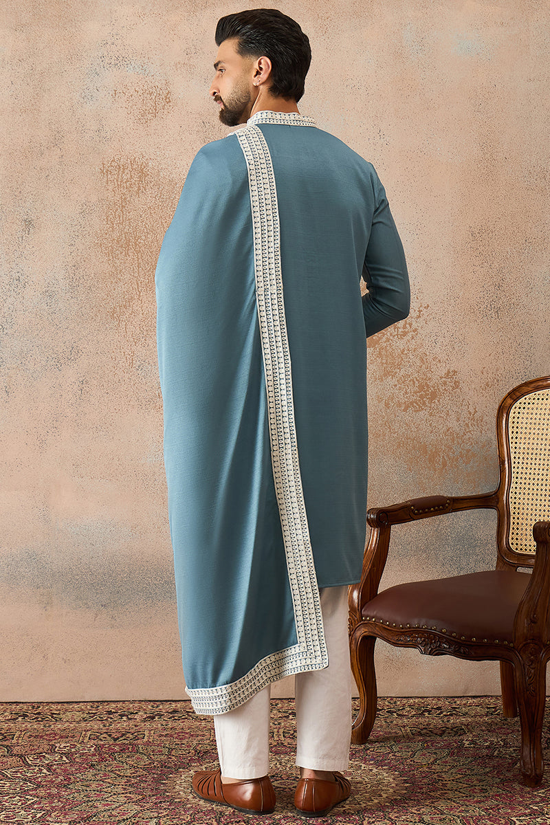 Blue Silk Blend Floral Indian Wear for Men MKUD1039 | DesiQlo